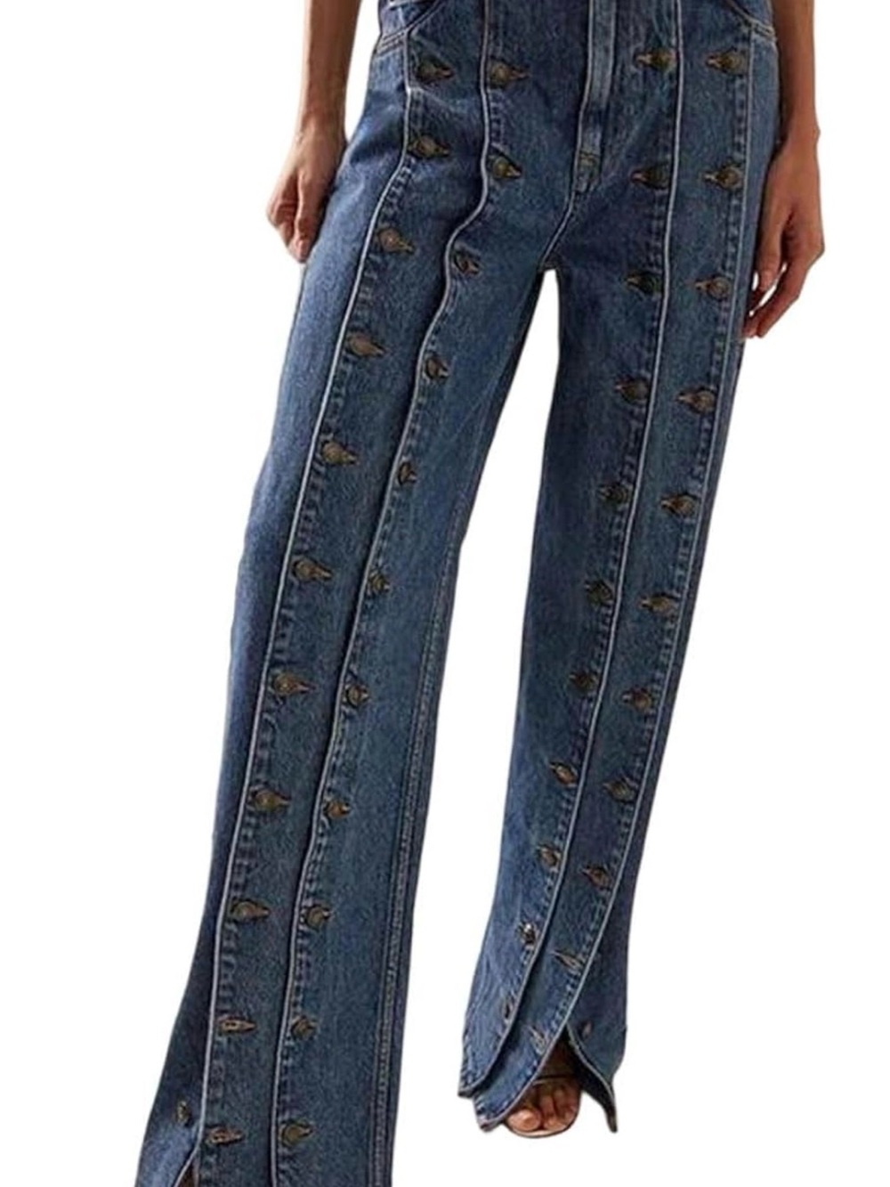 High-Rise Dark Blue Wide-Leg Embellished Jeans